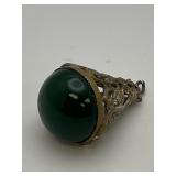Vtg Victorian Brass Filigree Green Agate Watch Fob