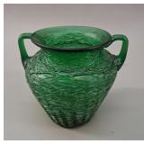 Bohemian Green Threaded Art Glass Vase vtg