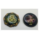 2 VTG Signed Russian Hand Painted Lacquer Brooches