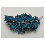 Unsigned Blue Rhinestone Leaf Brooch