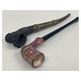 2 Smoking Pipes, Metal & French Ceramic
