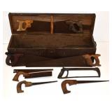 Vintage Wood Saw Box with 8 Saws