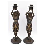 Hand Painted Spelter Egyptian Candlestick Holders