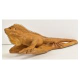 Large Hand Carved Wooden Iguana on Log