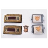 Assorted Military Pins and 2 Shoulder Ranks