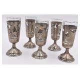 5 Vintage Mexican Sterling Cordials w Glass Insert