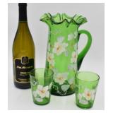 Emerald Green Hand Painted Pitcher with 2 Glasses