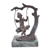 Auguste Moreau Bronze Cherub on Tree Swing