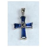 Sterling Cross Pendant w Blue Stones