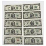 10 Two Dollar Paper Notes