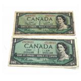2 1954 Canada One Dollar Paper Notes