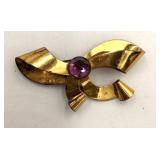 Sterling Gold Tone Bow Broach, Purple Stone