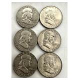 6 Franklin Half Dollar Coins