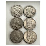 6 Franklin Half Dollar Coins
