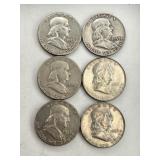 6 Franklin Half Dollar Coins