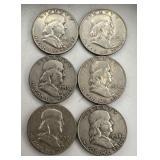 6 Franklin Half Dollar Coins