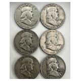 6 Franklin Half Dollar Coins