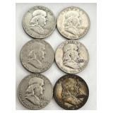 6 Franklin Half Dollar Coins