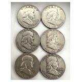 6 Franklin Half Dollar Coins