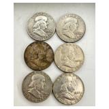 6 Franklin Half Dollar Coins