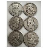 6 Franklin Half Dollar Coins