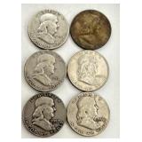 6 Franklin Half Dollar Coins