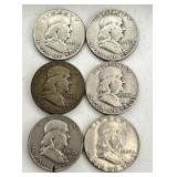 6 Franklin Half Dollar Coins