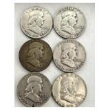 6 Franklin Half Dollar Coins