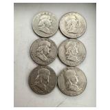 6 Franklin Half Dollar Coins
