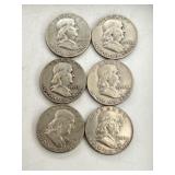 6 Franklin Half Dollar Coins