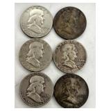 6 Franklin Half Dollar Coins