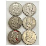 6 Franklin Half Dollar Coins