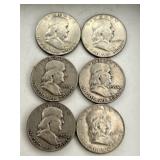 6 Franklin Half Dollar Coins