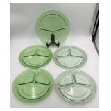 5 Vintage Green Depression Glass Banded Grill
