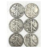6 Walking Liberty Half Dollar Coins