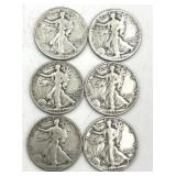 6 Walking Liberty Half Dollar Coins