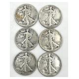 6 Walking Liberty Half Dollar Coins