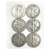 6 Walking Liberty Half Dollar Coins
