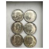 6- 1964 Silver Kennedy Half Dollar Coins