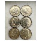 6- 1964 Silver Kennedy Half Dollar Coins