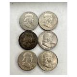 6 Franklin Half Dollar Coins
