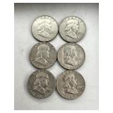 6 Franklin Half Dollar Coins