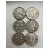 6 Franklin Half Dollar Coins