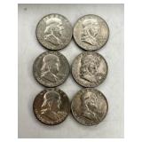6 Franklin Half Dollar Coins