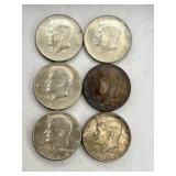 6- 1964 Silver Kennedy Half Dollar Coins