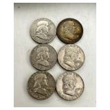 6 Franklin Half Dollar Coins