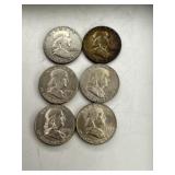6 Franklin Half Dollar Coins