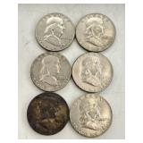 6 Franklin Half Dollar Coins
