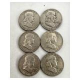6 Franklin Half Dollar Coins