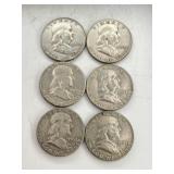 6 Franklin Half Dollar Coins
